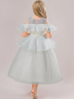 Robes de fille de fleur blanche Champagne Organza sans manches bijou cou robes de fille de fleur