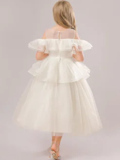 Robes de fille de fleur blanche Champagne Organza sans manches bijou cou robes de fille de fleur