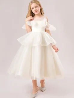 Robes de fille de fleur blanche Champagne Organza sans manches bijou cou robes de fille de fleur
