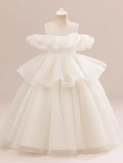 Robes de fille de fleur blanche Champagne Organza sans manches bijou cou robes de fille de fleur