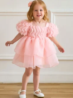 Robes de fille de fleur blanche robes d'occasion spéciale Tulle rose clair manches courtes col carré robes de fille de fleur