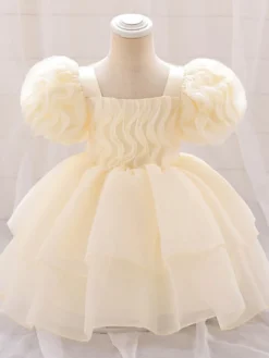 Robes de fille de fleur blanche robes d'occasion spéciale Tulle rose clair manches courtes col carré robes de fille de fleur