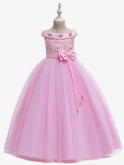Robes de fille de fleur blanche Robes d'occasion spéciale Tulle blanc sans manches Col bateau Robes de fille de fleur