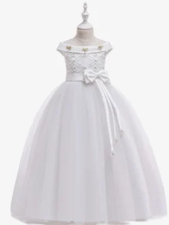 Robes de fille de fleur blanche Robes d'occasion spéciale Tulle blanc sans manches Col bateau Robes de fille de fleur