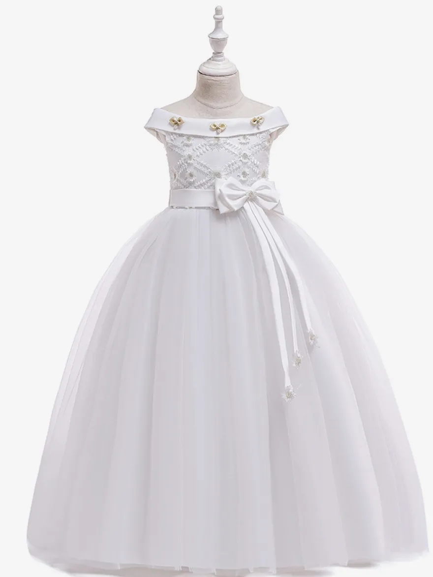 Robes de fille de fleur blanche Robes d'occasion spéciale Tulle blanc sans manches Col bateau Robes de fille de fleur