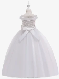 Robes de fille de fleur blanche Robes d'occasion spéciale Tulle blanc sans manches Col bateau Robes de fille de fleur