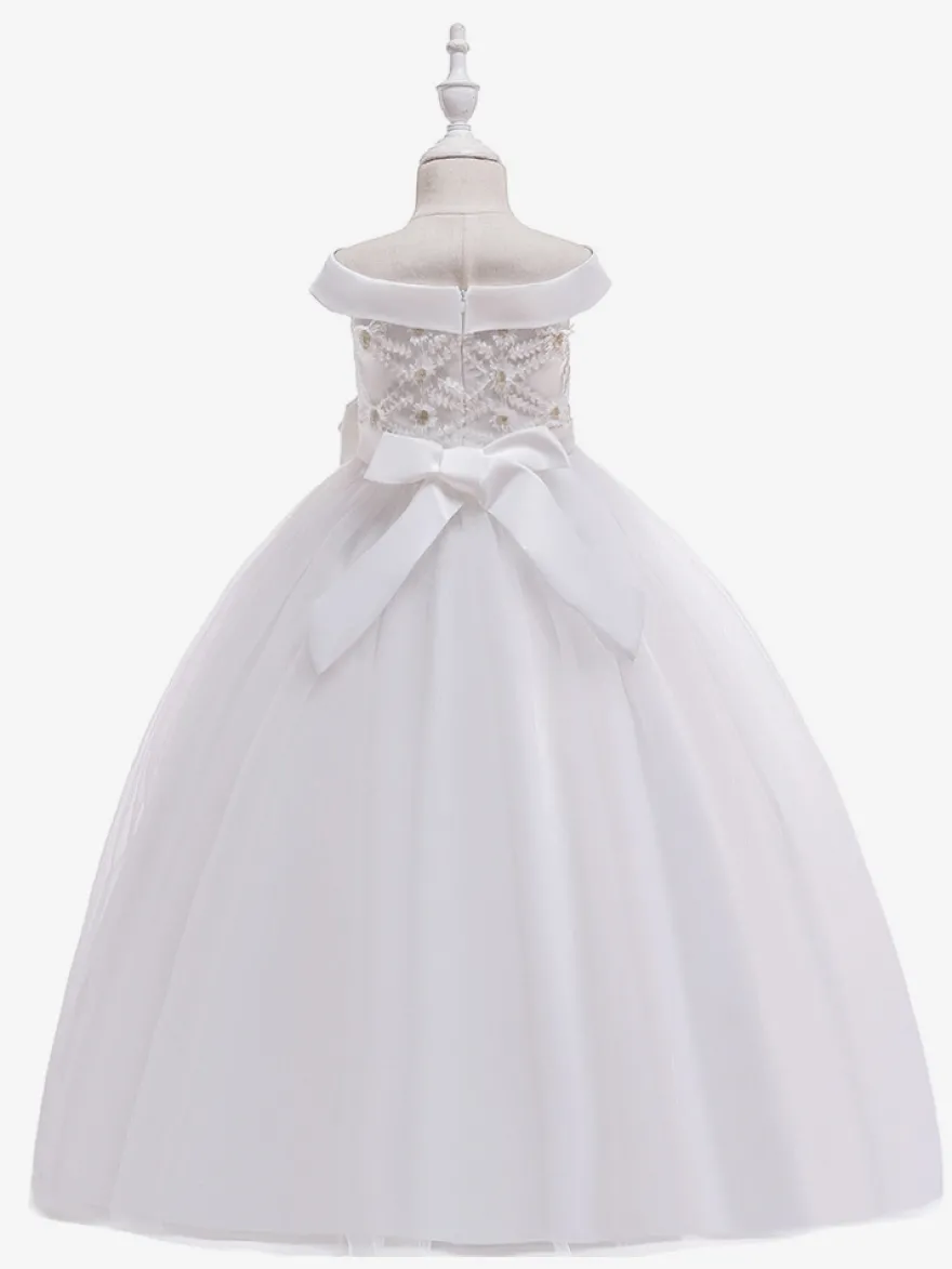 Robes de fille de fleur blanche Robes d'occasion spéciale Tulle blanc sans manches Col bateau Robes de fille de fleur