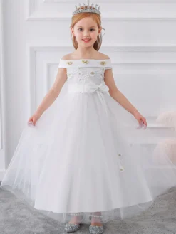 Robes de fille de fleur blanche Robes d'occasion spéciale Tulle blanc sans manches Col bateau Robes de fille de fleur