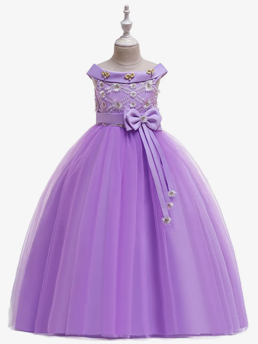 Robes de fille de fleur blanche Robes d'occasion spéciale Tulle blanc sans manches Col bateau Robes de fille de fleur