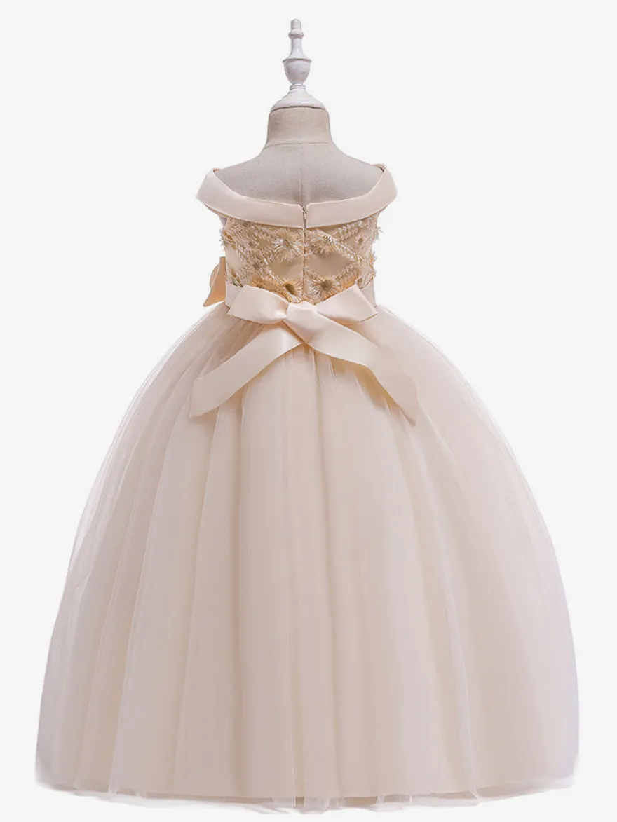 Robes de fille de fleur blanche Robes d'occasion spéciale Tulle blanc sans manches Col bateau Robes de fille de fleur