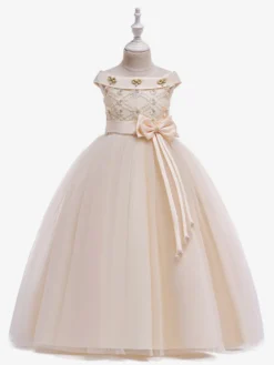 Robes de fille de fleur blanche Robes d'occasion spéciale Tulle blanc sans manches Col bateau Robes de fille de fleur