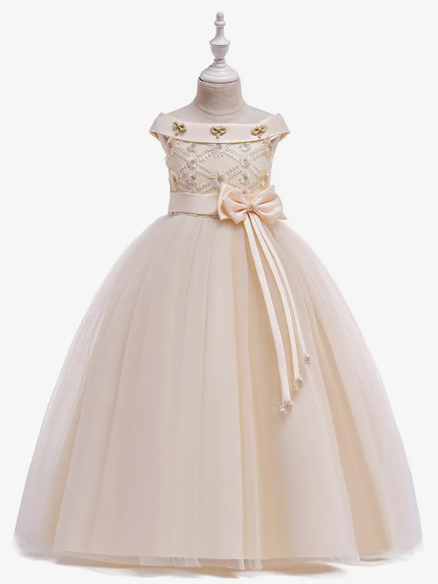 Robes de fille de fleur blanche Robes d'occasion spéciale Tulle blanc sans manches Col bateau Robes de fille de fleur