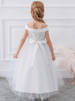 Robes de fille de fleur blanche Robes d'occasion spéciale Tulle blanc sans manches Col bateau Robes de fille de fleur