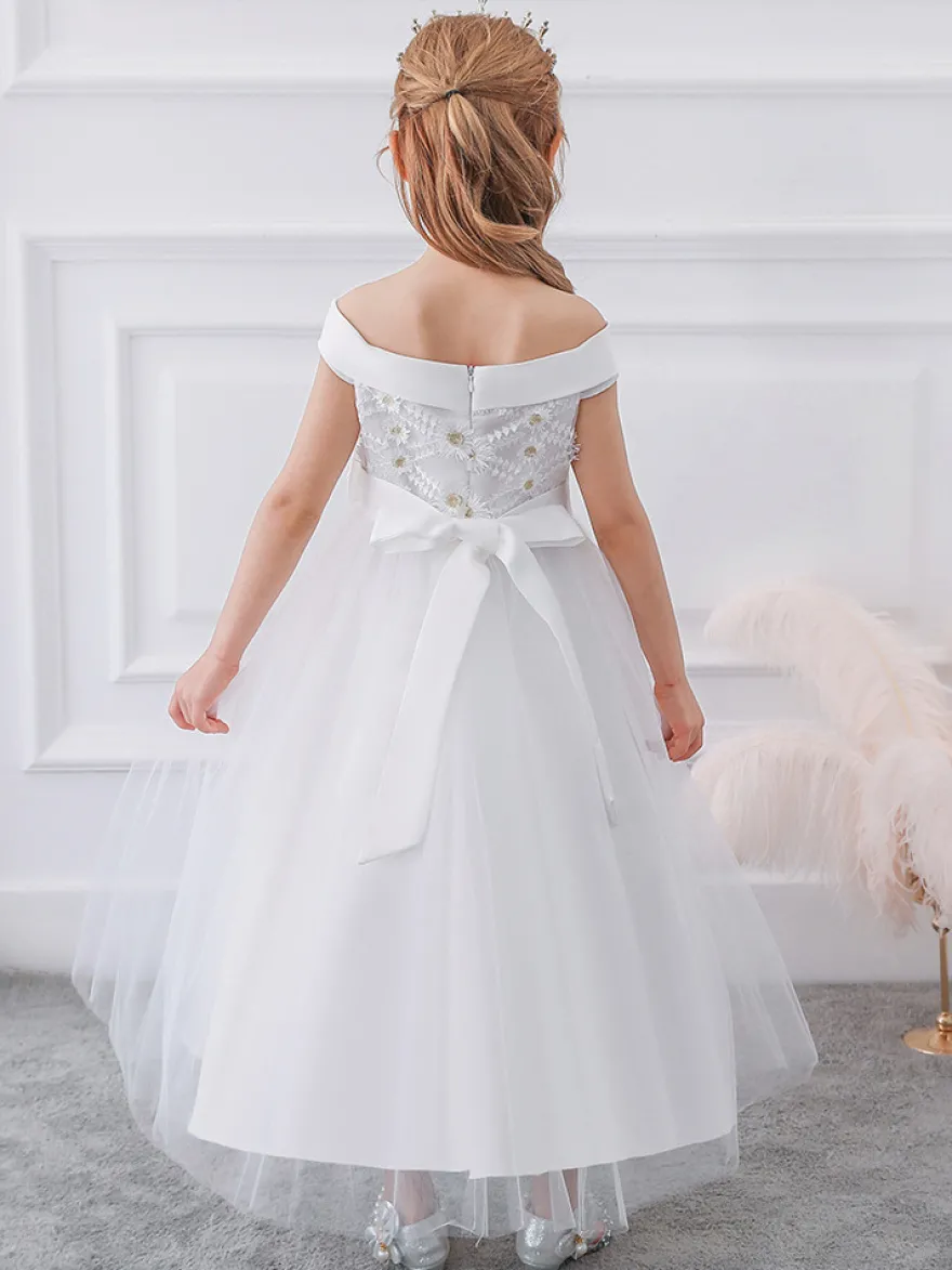 Robes de fille de fleur blanche Robes d'occasion spéciale Tulle blanc sans manches Col bateau Robes de fille de fleur