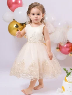Robes de fille de fleur blanche robes d'occasion spéciale dentelle bleu royal sans manches col bijou robes de fille de fleur