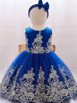 Robes de fille de fleur blanche robes d'occasion spéciale dentelle bleu royal sans manches col bijou robes de fille de fleur