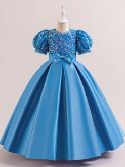 Robes de fille de fleur blanche robes d'occasion spéciale Champagne Polyester manches courtes col bijou robes de fille de fleur