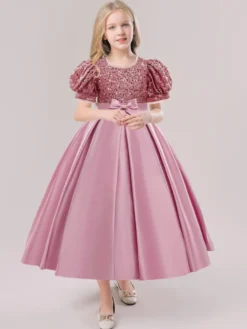 Robes de fille de fleur blanche robes d'occasion spéciale Champagne Polyester manches courtes col bijou robes de fille de fleur