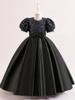 Robes de fille de fleur blanche robes d'occasion spéciale Champagne Polyester manches courtes col bijou robes de fille de fleur