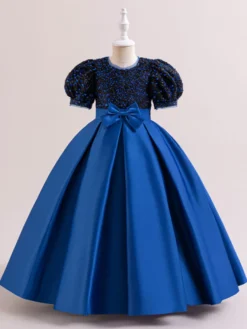 Robes de fille de fleur blanche robes d'occasion spéciale Champagne Polyester manches courtes col bijou robes de fille de fleur