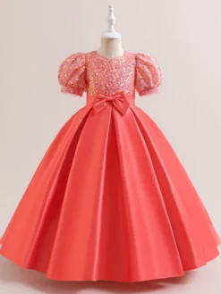 Robes de fille de fleur blanche robes d'occasion spéciale Champagne Polyester manches courtes col bijou robes de fille de fleur