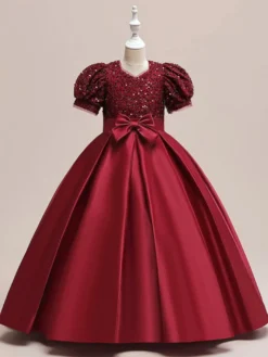 Robes de fille de fleur blanche robes d'occasion spéciale Champagne Polyester manches courtes col bijou robes de fille de fleur