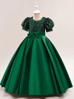 Robes de fille de fleur blanche robes d'occasion spéciale Champagne Polyester manches courtes col bijou robes de fille de fleur