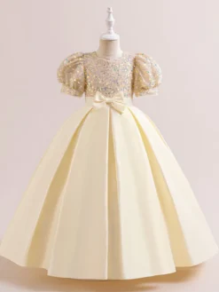 Robes de fille de fleur blanche robes d'occasion spéciale Champagne Polyester manches courtes col bijou robes de fille de fleur