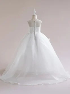 Robes de fille de fleur blanche Robes d'occasion spéciale Tulle blanc sans manches col bijou Robes de fille de fleur