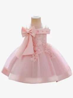 Robes de fille de fleur blanche Tulle rose doux sans manches col carré robes de fille de fleur