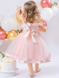 Robes de fille de fleur blanche Tulle rose doux sans manches col carré robes de fille de fleur