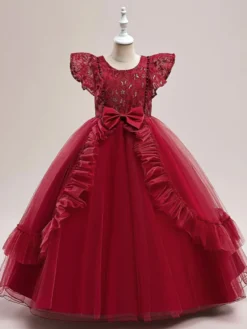 Robes de fille de fleur blanche robes d'occasion spéciale Tulle bordeaux manches courtes col bijou robes de fille de fleur
