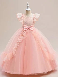 Robes de fille de fleur blanche robes d'occasion spéciale Tulle bordeaux manches courtes col bijou robes de fille de fleur