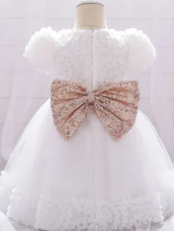 Robes de fille de fleur blanche Robes d'occasion spéciale Dentelle blanche Manches courtes Col bijou Robes de fille de fleur