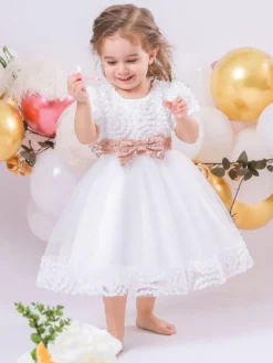 Robes de fille de fleur blanche Robes d'occasion spéciale Dentelle blanche Manches courtes Col bijou Robes de fille de fleur