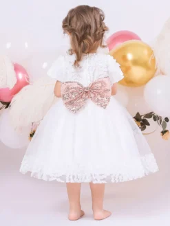 Robes de fille de fleur blanche Robes d'occasion spéciale Dentelle blanche Manches courtes Col bijou Robes de fille de fleur