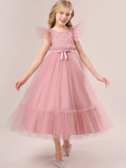 Robes de fille de fleur blanche Robes d'occasion spéciale Tulle blanc manches courtes col bijou robes de fille de fleur