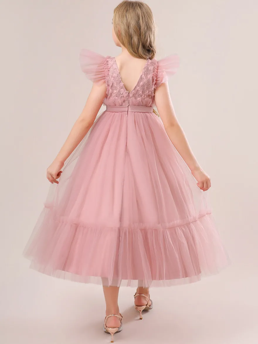 Robes de fille de fleur blanche Robes d'occasion spéciale Tulle blanc manches courtes col bijou robes de fille de fleur