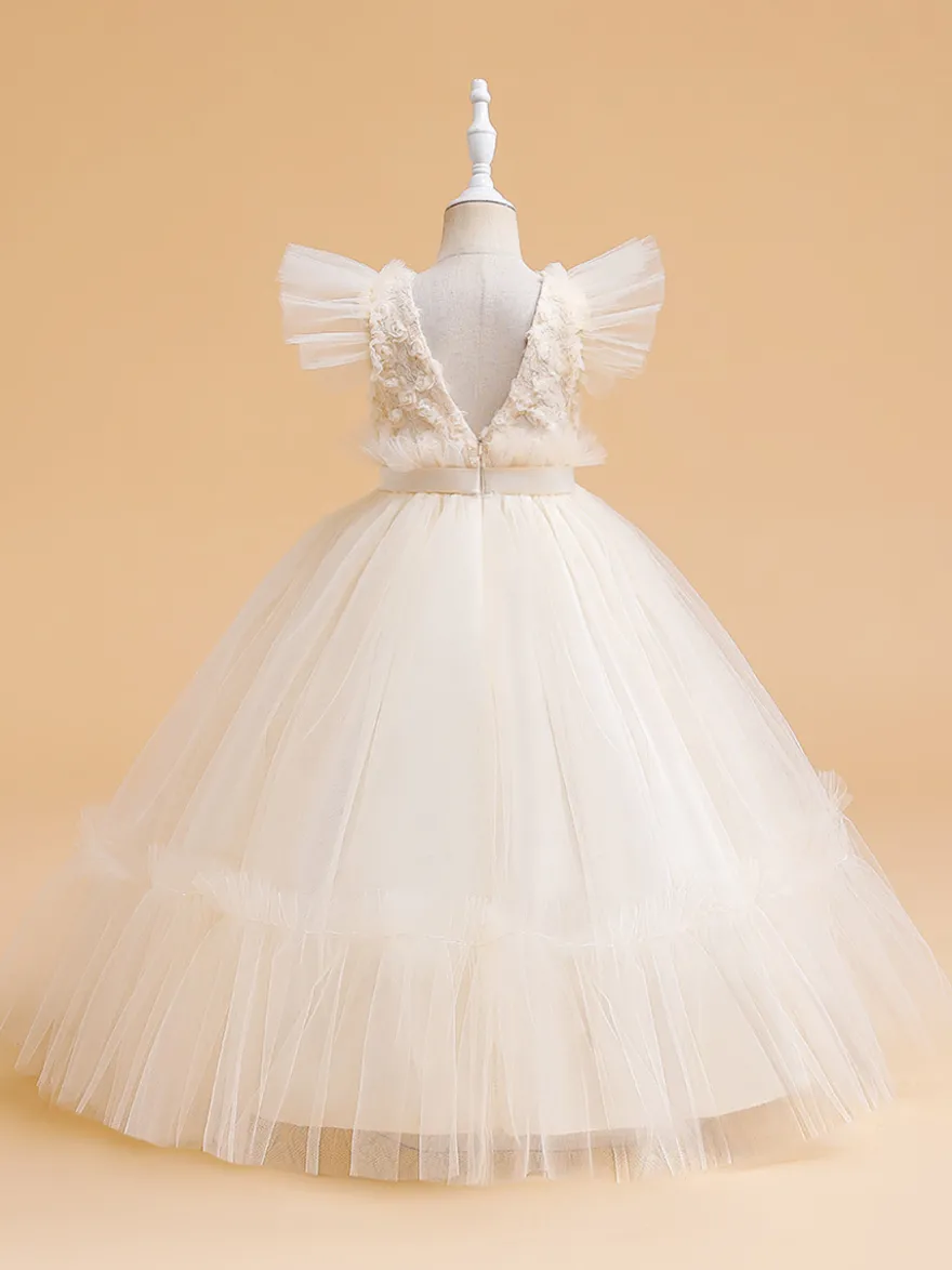 Robes de fille de fleur blanche Robes d'occasion spéciale Tulle blanc manches courtes col bijou robes de fille de fleur