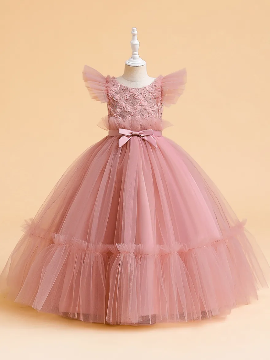 Robes de fille de fleur blanche Robes d'occasion spéciale Tulle blanc manches courtes col bijou robes de fille de fleur