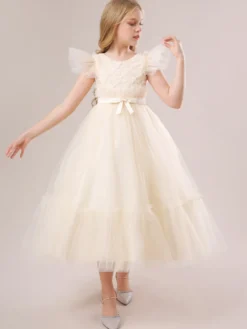 Robes de fille de fleur blanche Robes d'occasion spéciale Tulle blanc manches courtes col bijou robes de fille de fleur