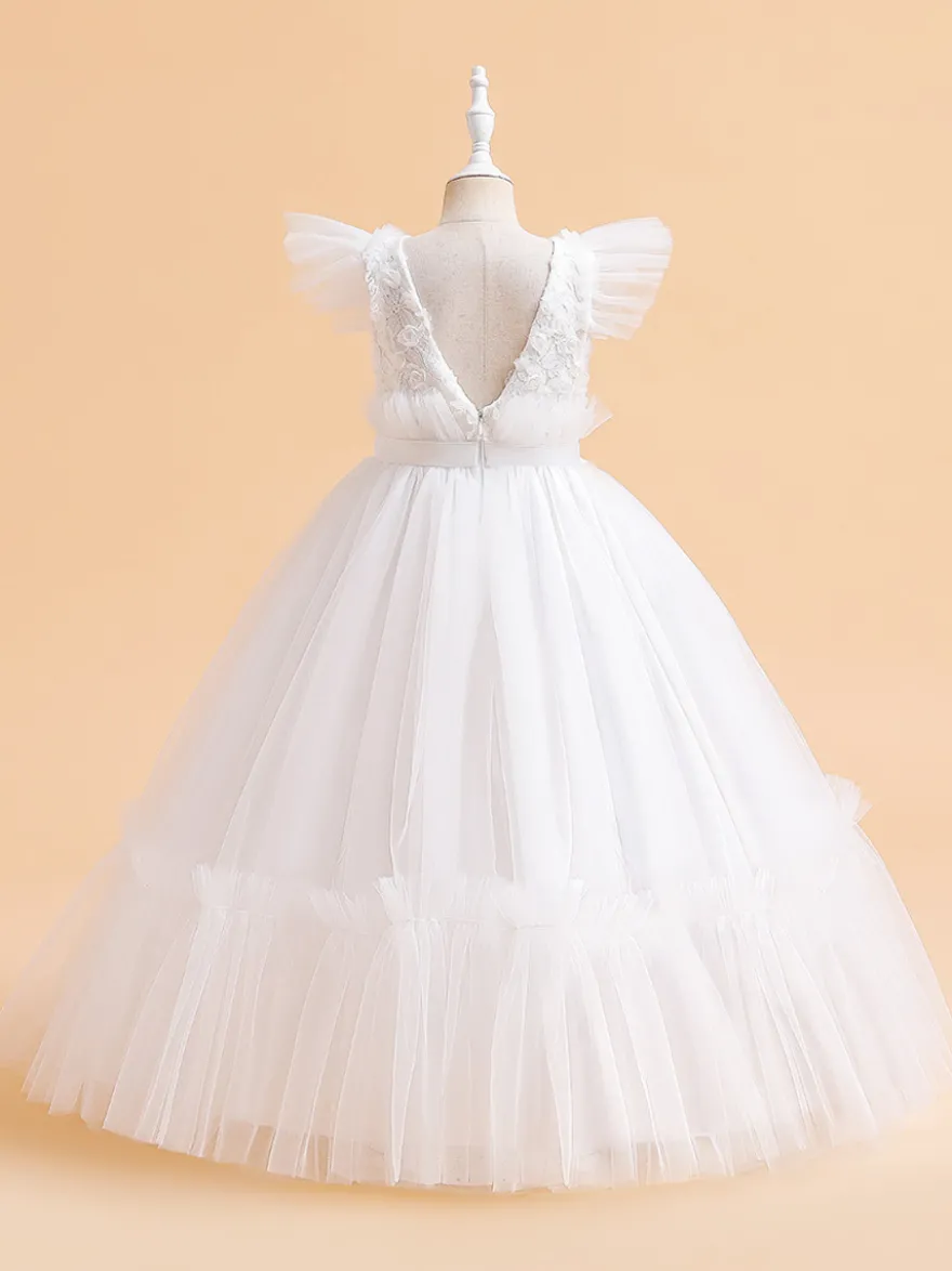 Robes de fille de fleur blanche Robes d'occasion spéciale Tulle blanc manches courtes col bijou robes de fille de fleur