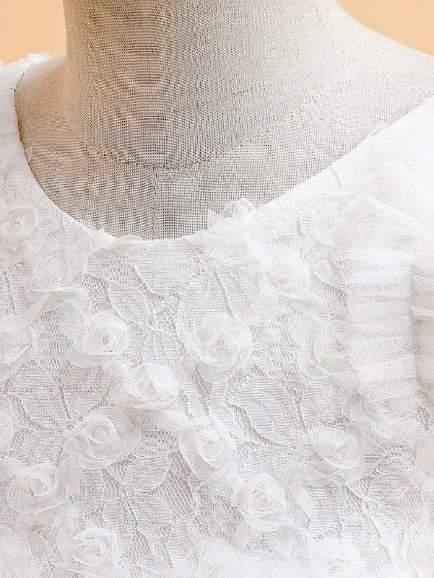 Robes de fille de fleur blanche Robes d'occasion spéciale Tulle blanc manches courtes col bijou robes de fille de fleur