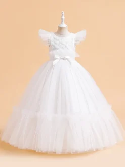 Robes de fille de fleur blanche Robes d'occasion spéciale Tulle blanc manches courtes col bijou robes de fille de fleur