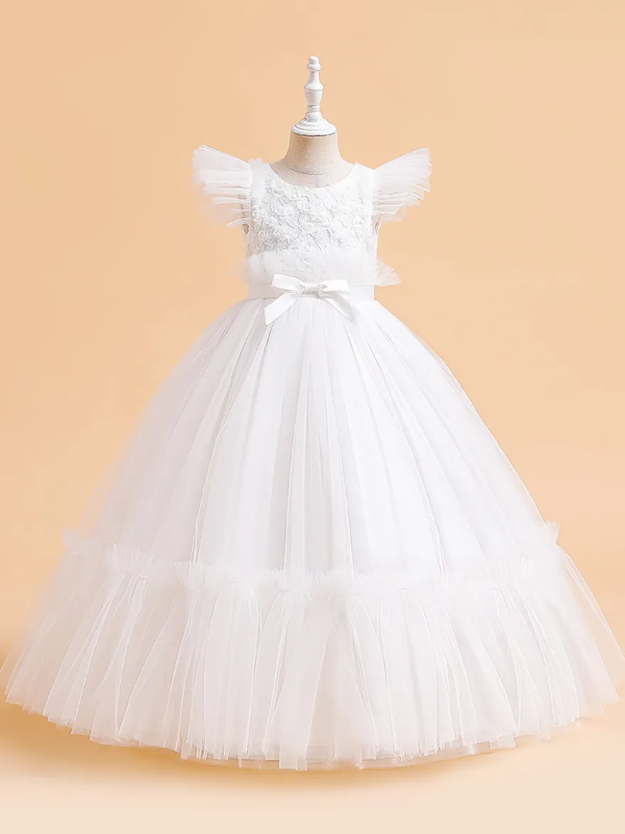 Robes de fille de fleur blanche Robes d'occasion spéciale Tulle blanc manches courtes col bijou robes de fille de fleur