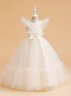 Robes de fille de fleur blanche Robes d'occasion spéciale Tulle blanc manches courtes col bijou robes de fille de fleur