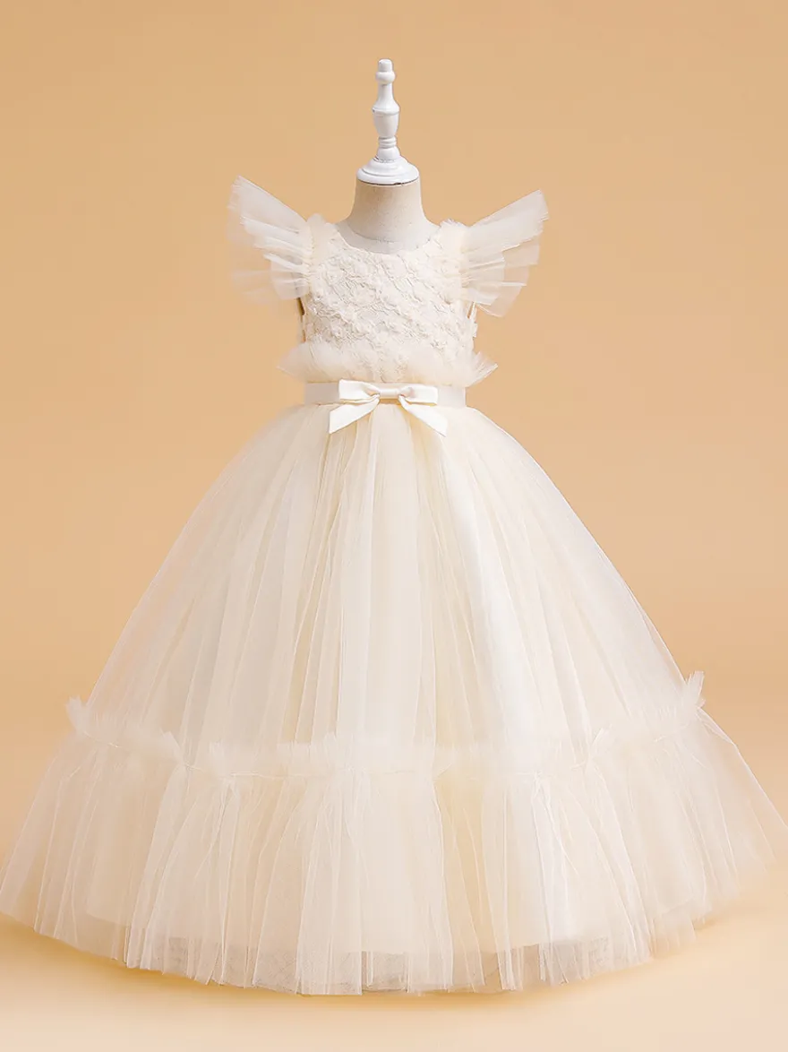 Robes de fille de fleur blanche Robes d'occasion spéciale Tulle blanc manches courtes col bijou robes de fille de fleur