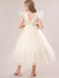 Robes de fille de fleur blanche Robes d'occasion spéciale Tulle blanc manches courtes col bijou robes de fille de fleur
