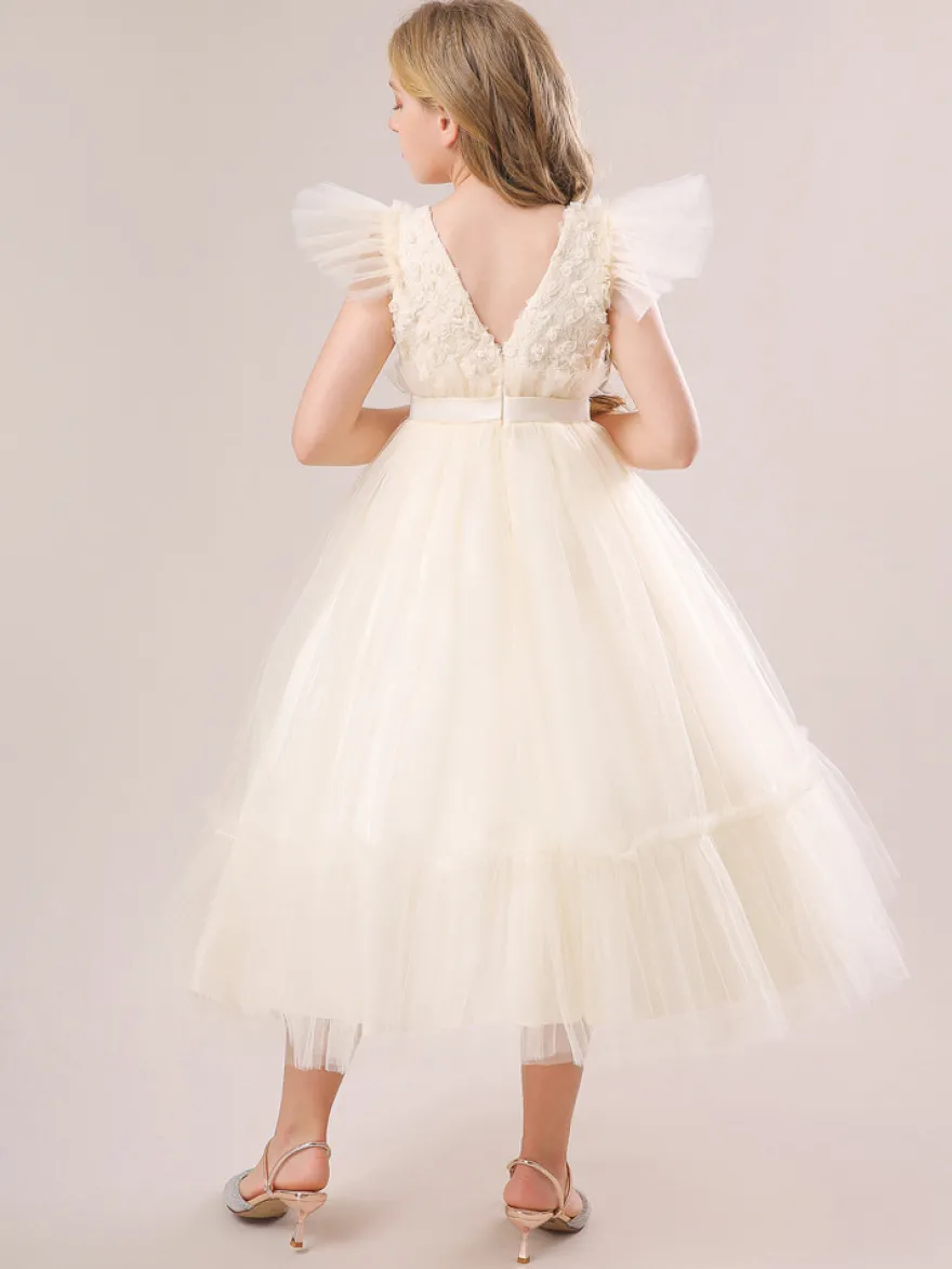 Robes de fille de fleur blanche Robes d'occasion spéciale Tulle blanc manches courtes col bijou robes de fille de fleur