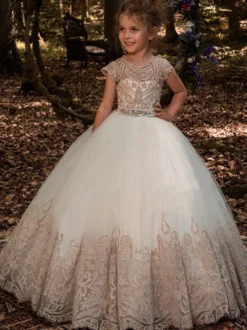 Robes de fille de fleur blanche Champagne Tulle manches courtes bijou cou robes de fille de fleur